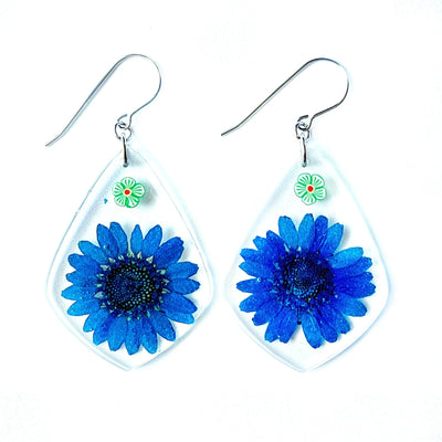 Real Flower Diamond Drop Earrings | Blue