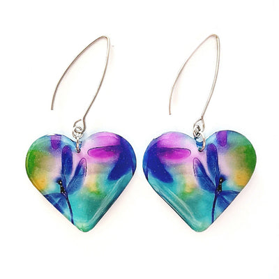 Green Teal Purple Blue Heart Shape Earrings | Dragonflies