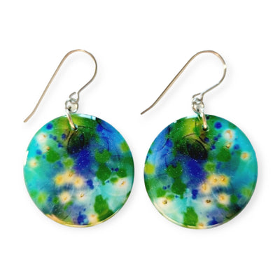 Blue Green Abstract Circle Earrings | Splatter