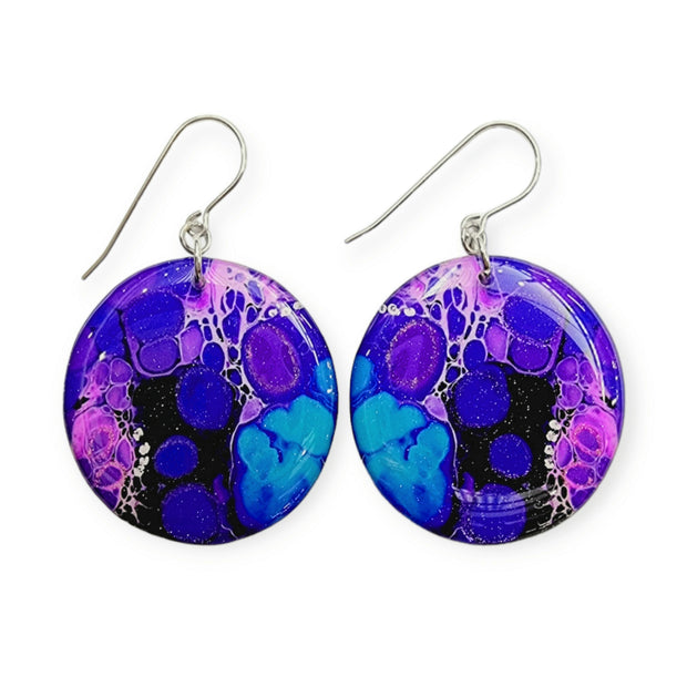 Violet Purple Sky Blue Circle Drop Earrings | Resin Pour II