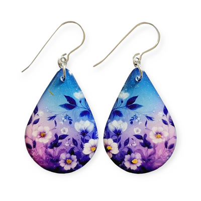 Blue Purple White Flower Teardrop Earrings