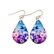 Blue Purple White Flower Teardrop Earrings