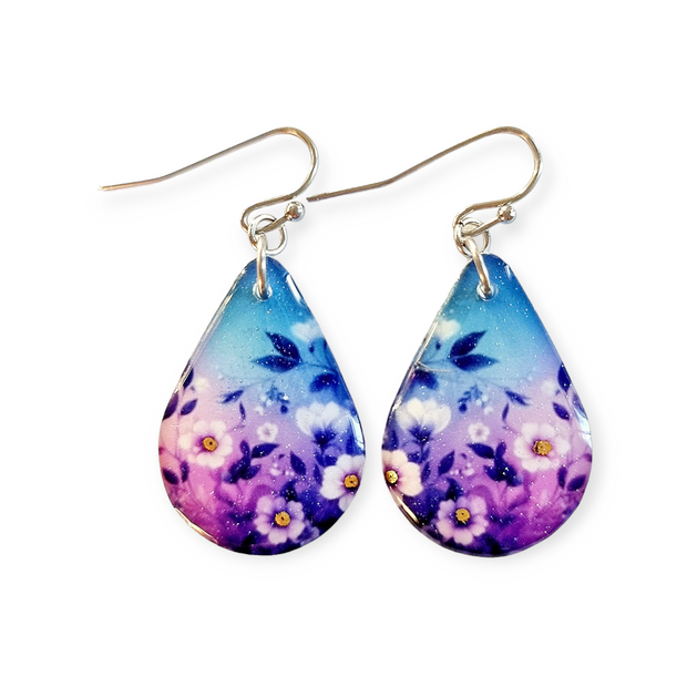 Blue Purple White Flower Teardrop Earrings