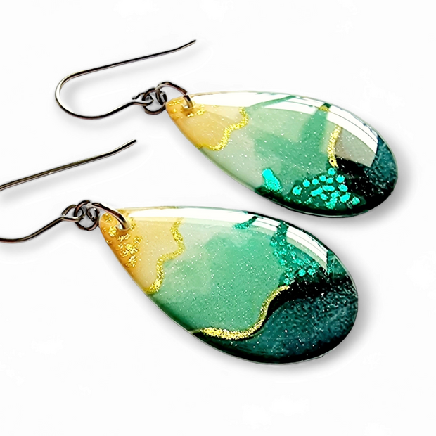 Teal Gold Long Teardrop Earrings | Dotwork II