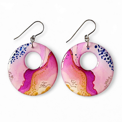 Magenta Pink Silver Gold Circle Earrings | EX LG