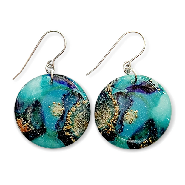 Teal Gold Circle Drop Earrings  | InkArt