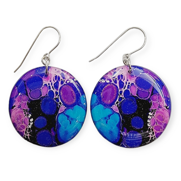 Violet Purple Sky Blue Circle Drop Earrings | Resin Pour II