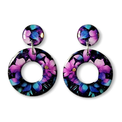 Violet Purple Sky Blue Donut Stud Drop Earrings | Floral