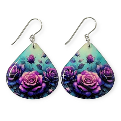 Purple Rose Teal Teardrop Earrings