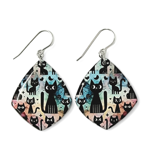 Black Cat Rainbow Watercolour Drop Earrings | KittyKat