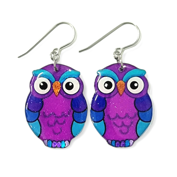 Colourful Owl Drop Earrings | Purple