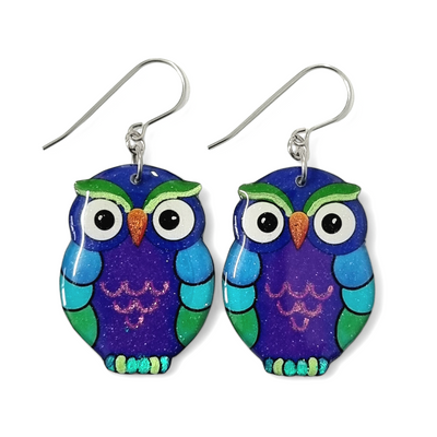 Colourful Owl Drop Earrings | Blue