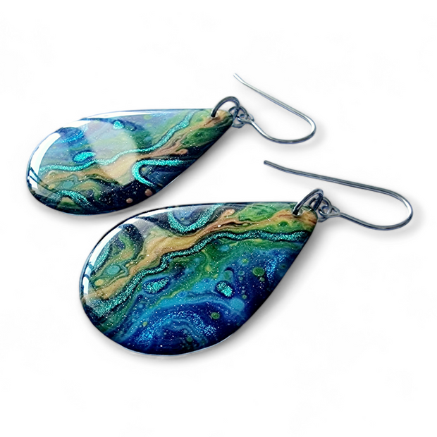 Teal Blue Gold Abstract Teardrop Earrings | Earth meets Sea