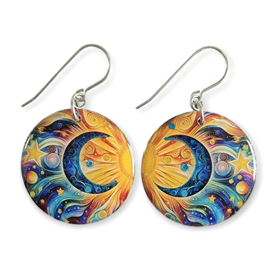 Gold Sun Blue Moon Circle Drop Earrings