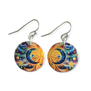 Gold Sun Blue Moon Circle Drop Earrings