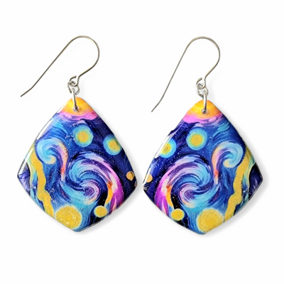 Blue Gold Purple Organic Diamond Drop Earrings | Van Gogh Inspired