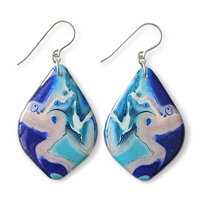 Dark Blue Teal Silver Diamond Shape Drop Earrings | Oceania