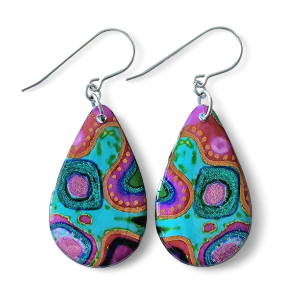 Multicoloured Teal Abstract Long Teardrop Earrings | Rainbow Rockery