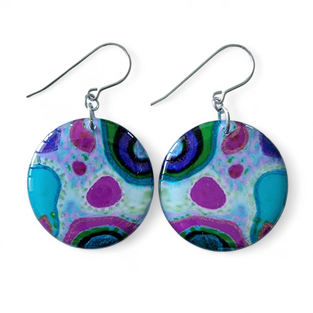 Multicoloured Abstract Silver Circle Drop Earrings | Rainbow Rockery