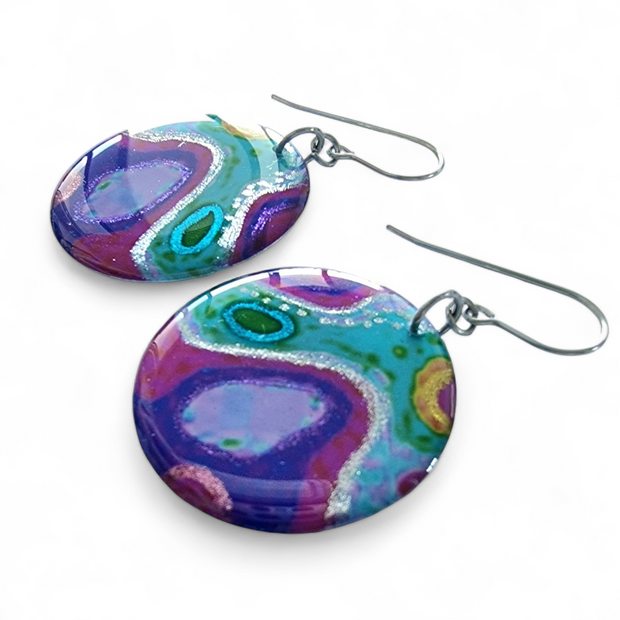 Multicoloured Abstract  Turquoise Magenta Circle Drop Earrings | Rainbow Rockery