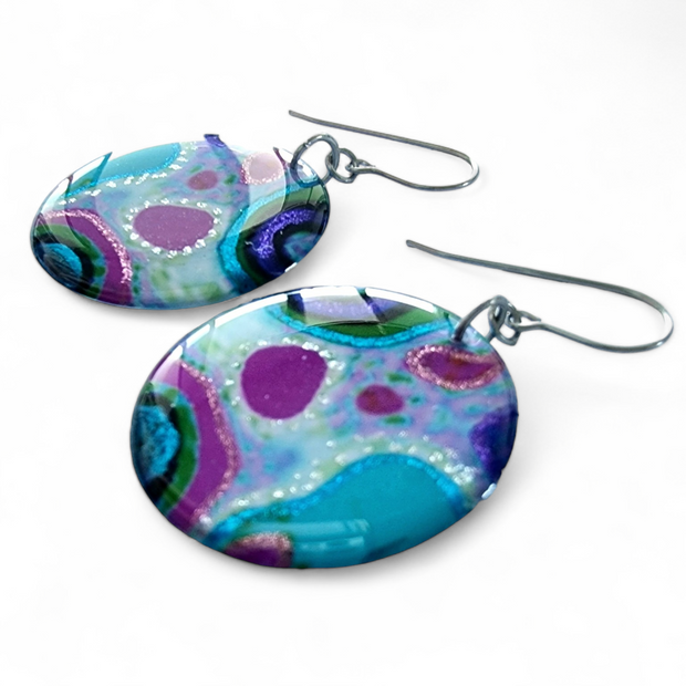 Multicoloured Abstract Silver Circle Drop Earrings | Rainbow Rockery