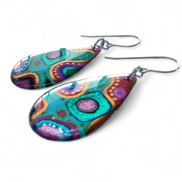 Multicoloured Teal Abstract Long Teardrop Earrings | Rainbow Rockery