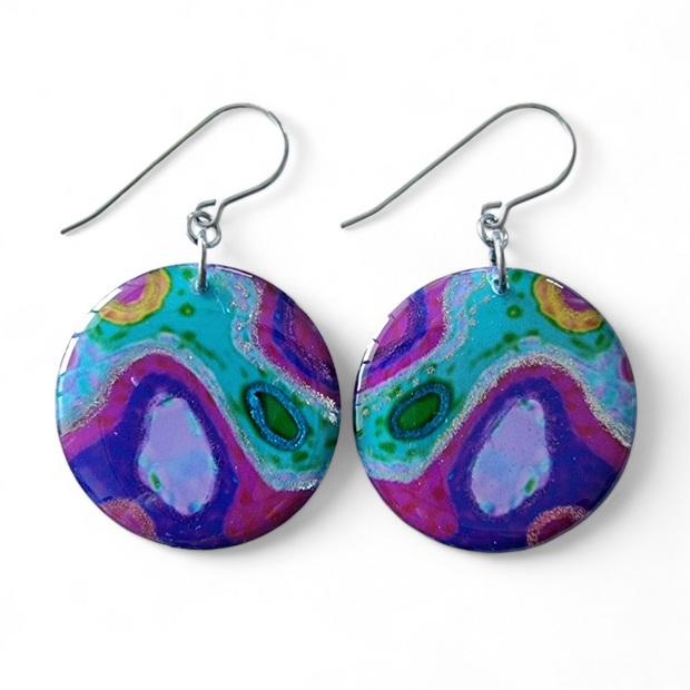 Multicoloured Abstract  Turquoise Magenta Circle Drop Earrings | Rainbow Rockery