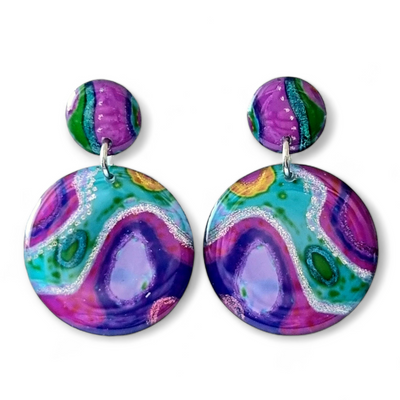 Multicoloured Abstract Circle Stud Drop Earrings | Rainbow Rockery