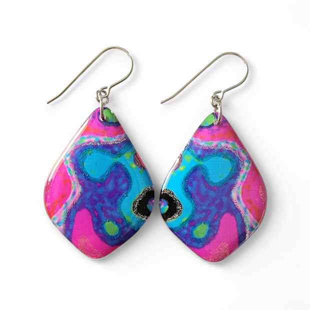 Handpainted Purple Turquoise Pink Diamond Shape Earrings - Silver Lining